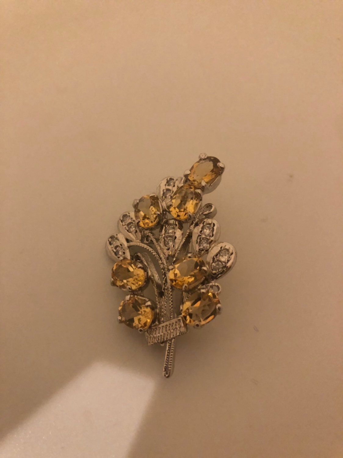 Vintage Handmade Genuine Citrine 925 Sterling Silver Rhodium Brooch