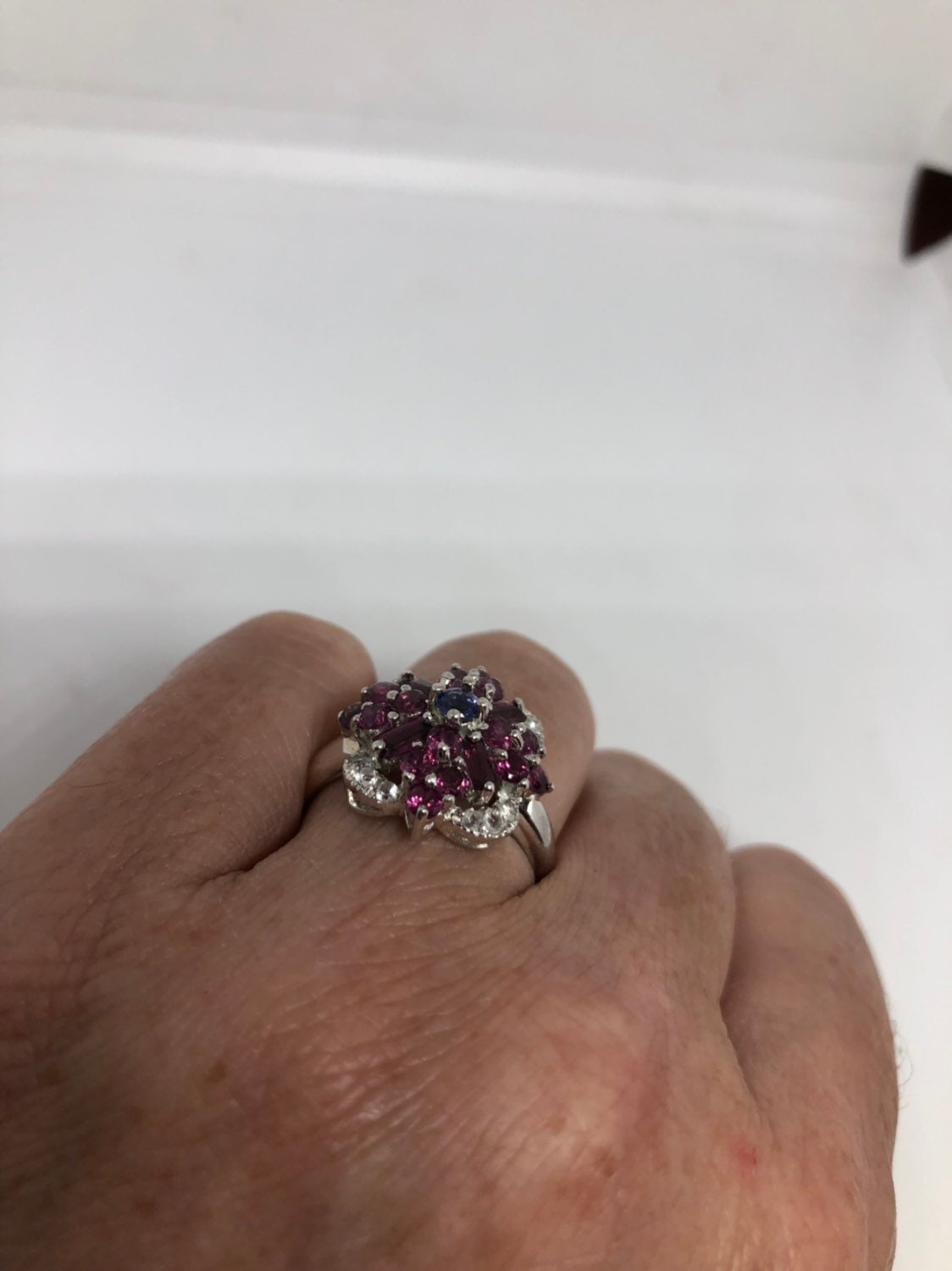 Vintage Handmade Pink Toumaline white Sapphire and Blue Iolite 925 Sterling Silver gothic Ring