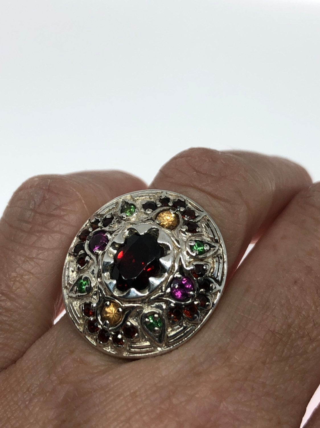 Vintage Bohemian Garnet 925 Sterling Silver Gold Ring