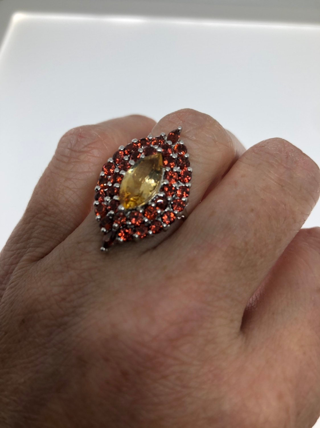 Vintage Gothic Golden Citrine and Red Garnet 925 Sterling Silver Ring