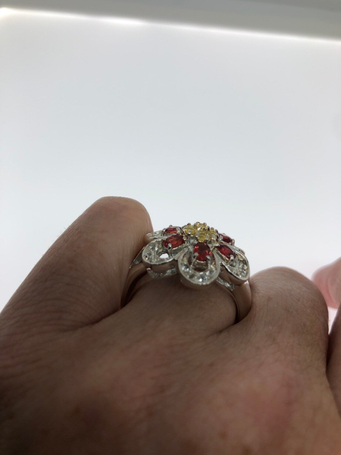 Vintage Genuine Red Bohemian Garnet 925 Sterling Silver Flower Ring