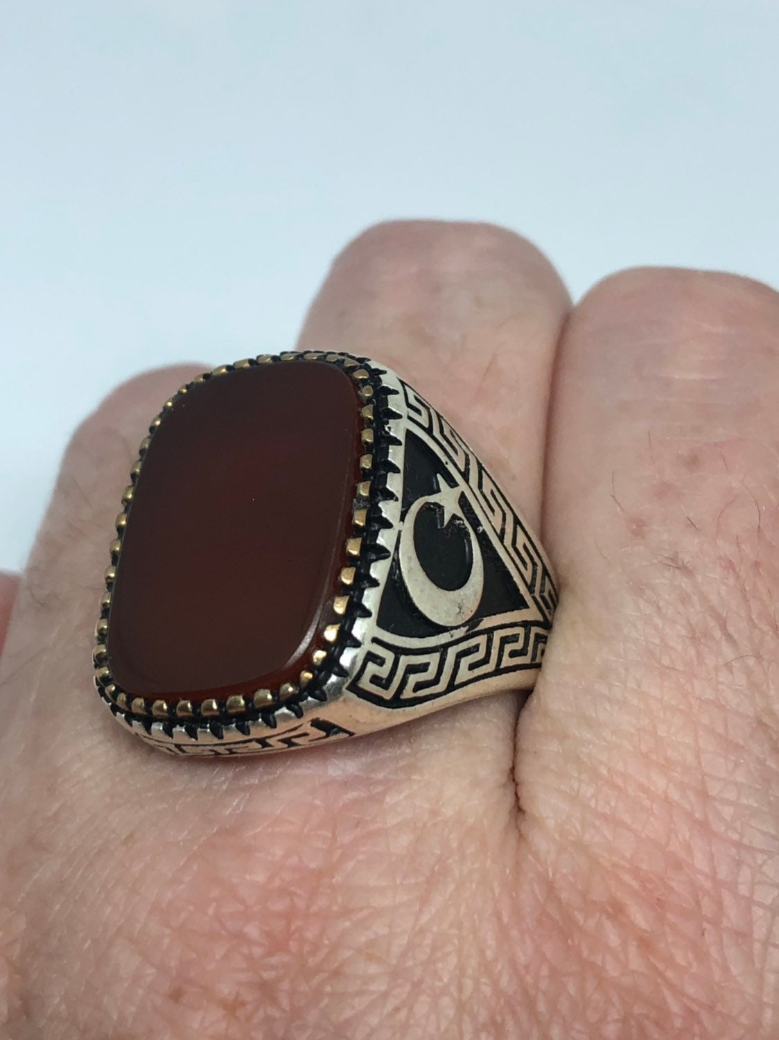 Vintage Gothic Sterling Silver Genuine Carnilian Mens Ring