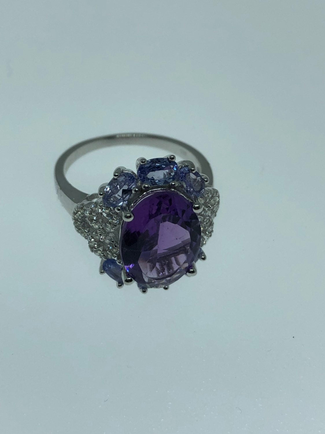 Vintage Genuine Amethyst Blue Tanzanite and White Sapphire 925 Sterling Silver Ring