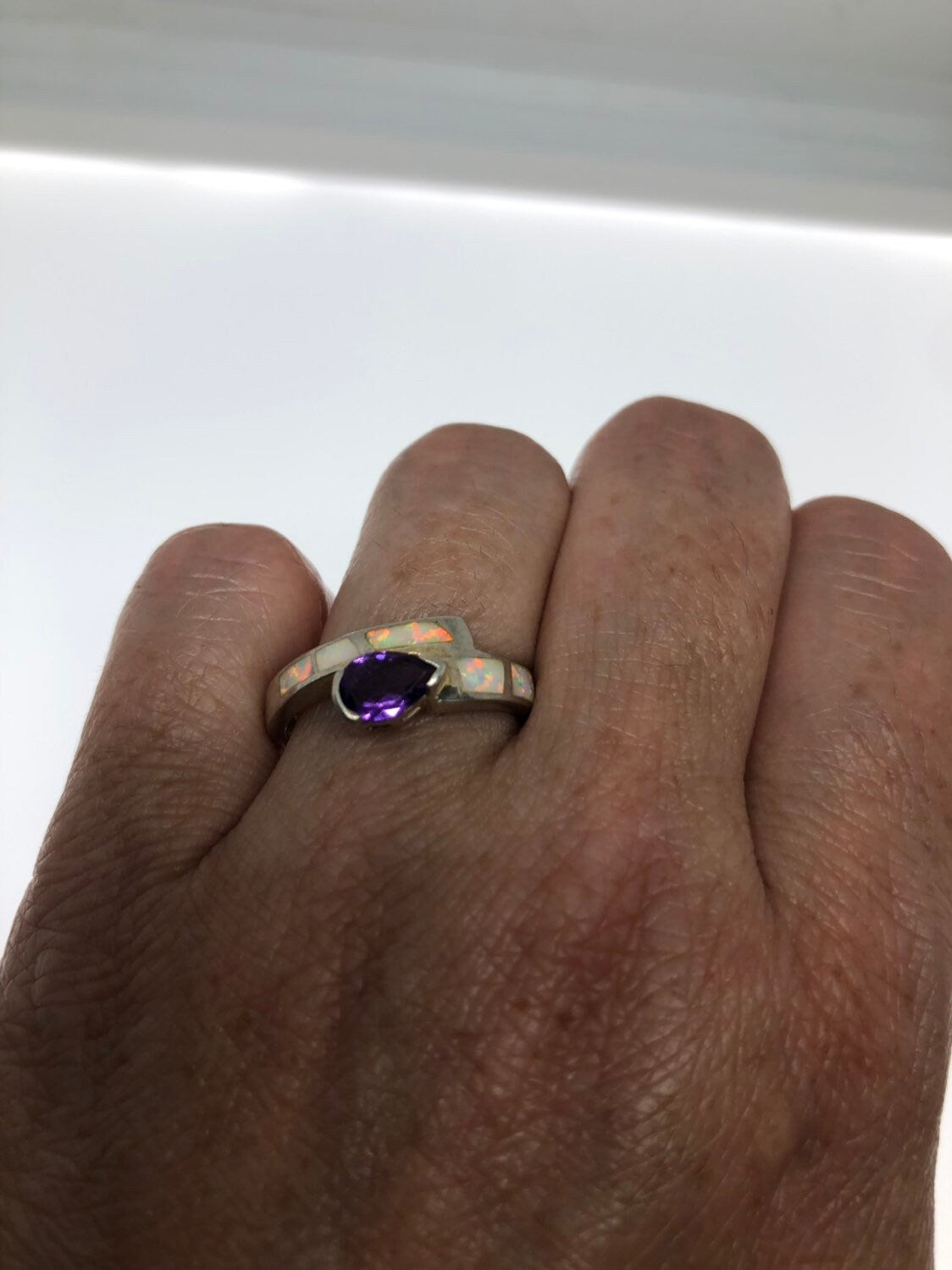 Vintage Handmade Genuine Purple Amethyst Opal 925 Sterling Silver Gothic Ring