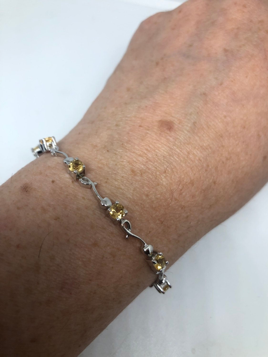 Vintage Gold Citrine Bracelet Deco 925 Sterling Silver Tennis