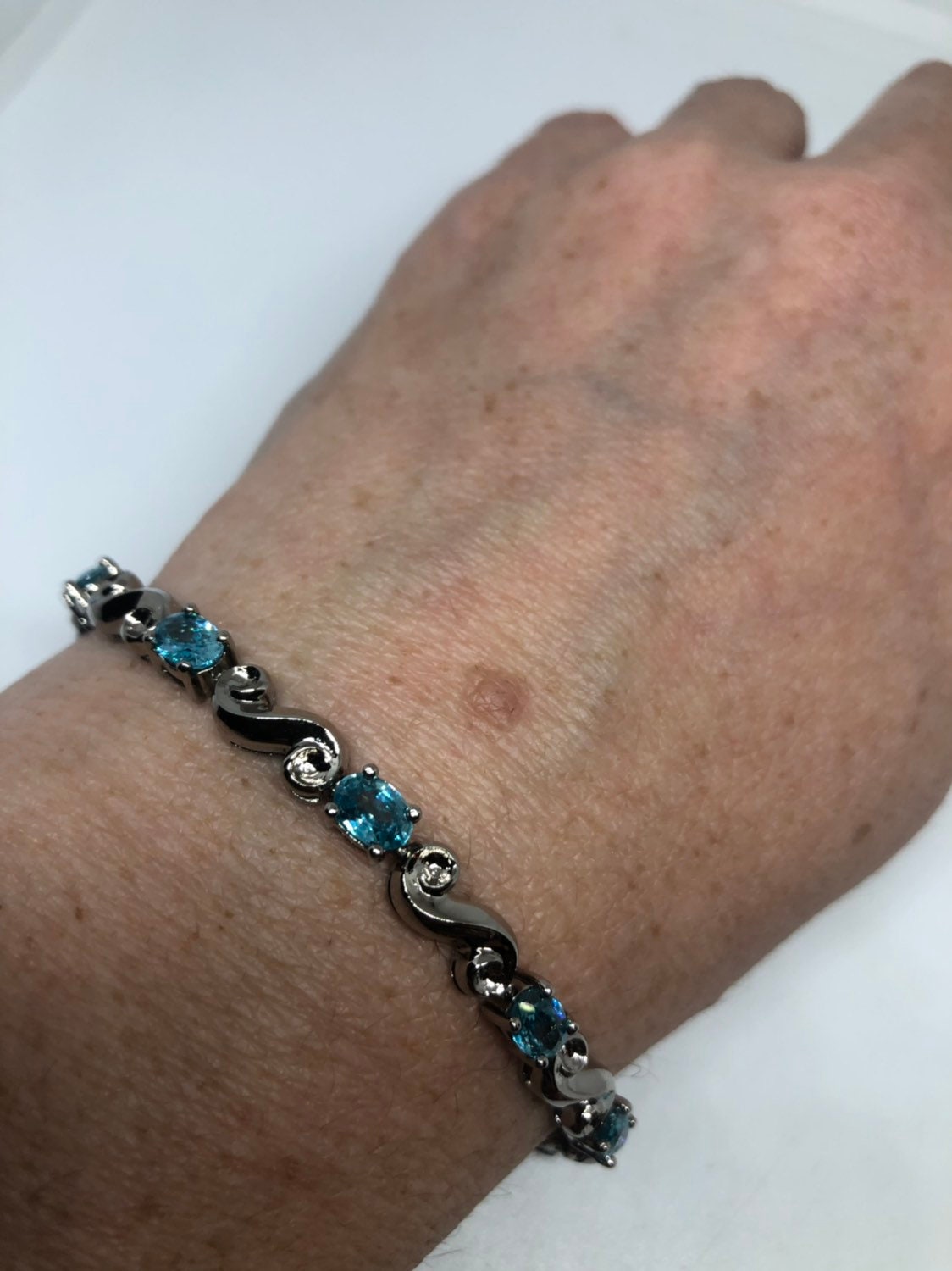 Vintage Genuine Blue Topaz Antique Rhodium 925 Sterling Silver Tennis Bracelet