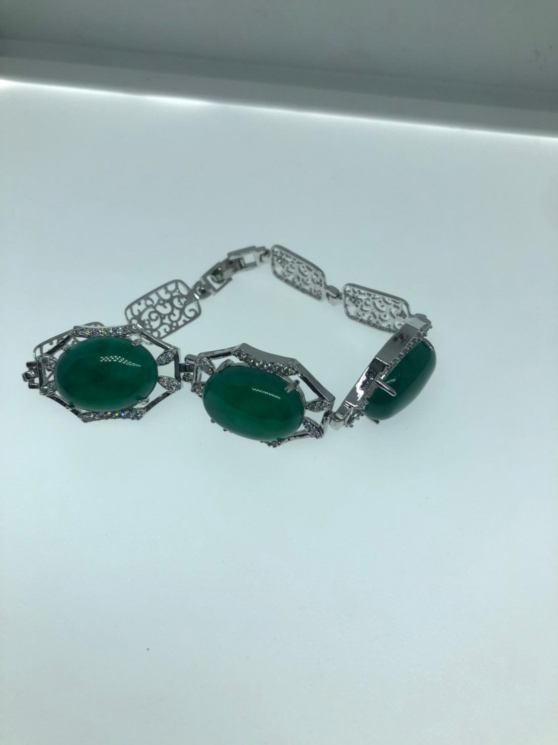 Vintage Green Jade Bracelet Silver White Bronze