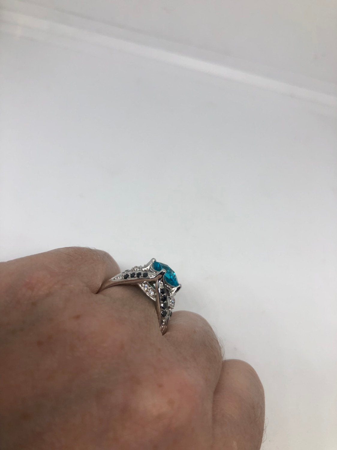 Vintage Genuine Blue Topaz 925 Sterling Silver Rhodium Ring
