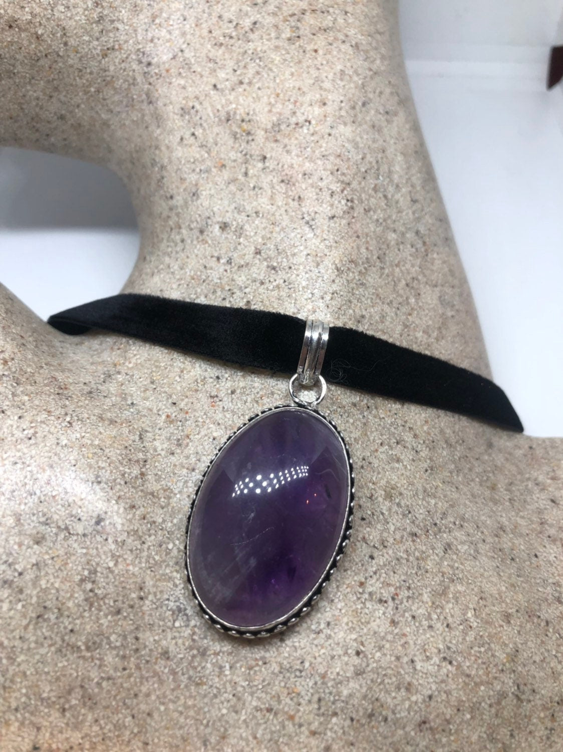 Bohemian Cabochon Cut Droplet Deep Purple Genuine Amethyst Necklace