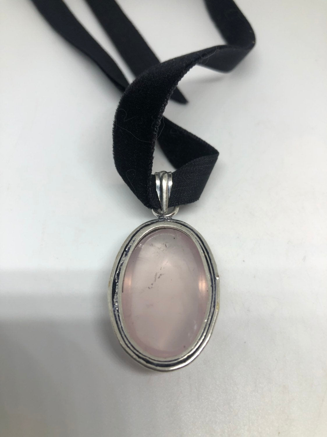 Vintage Handmade Silver Finish Rose Quartz Choker Pendant