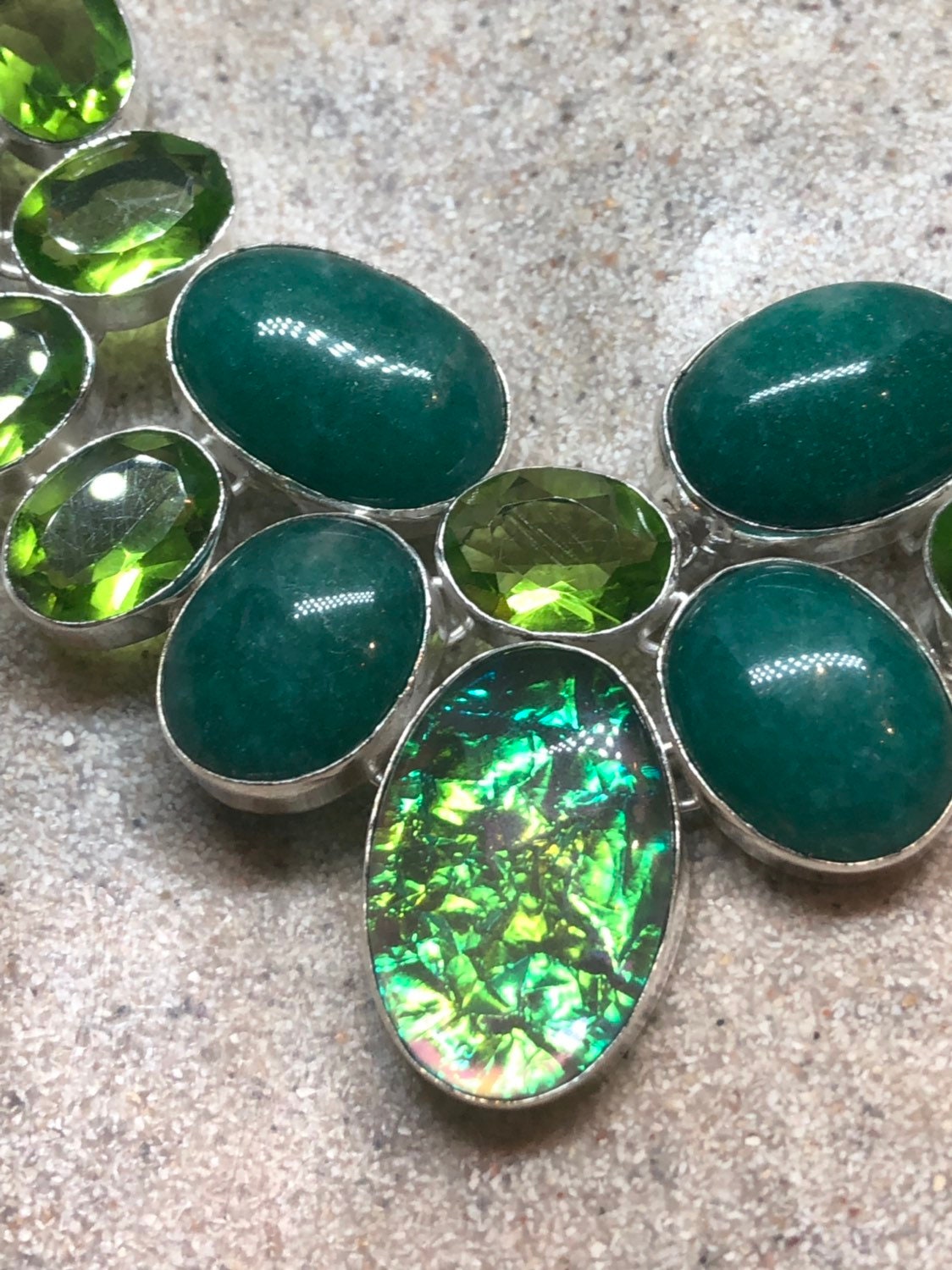 Handmade Green Chrysoprase & Antique Glass Necklace, Silver Finish