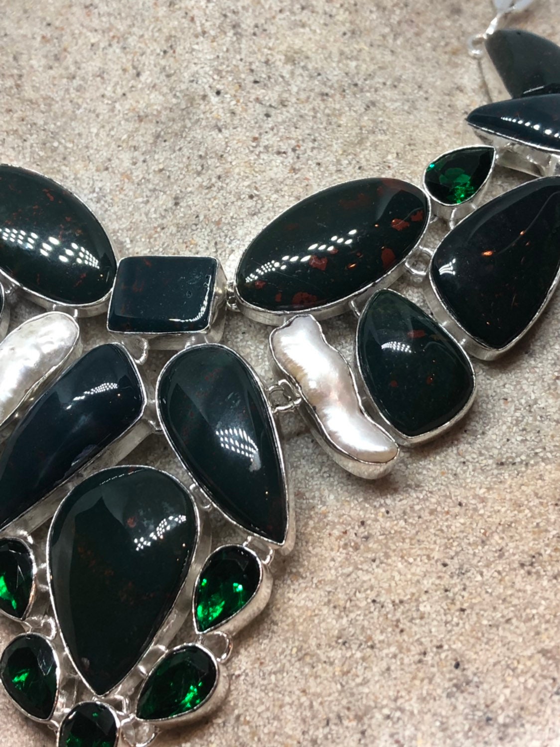 Green Handmade Gothic Styled Silver Finished Genuine Facetted Antique Glass and Green chrysoprase Jade collar bib Necklace