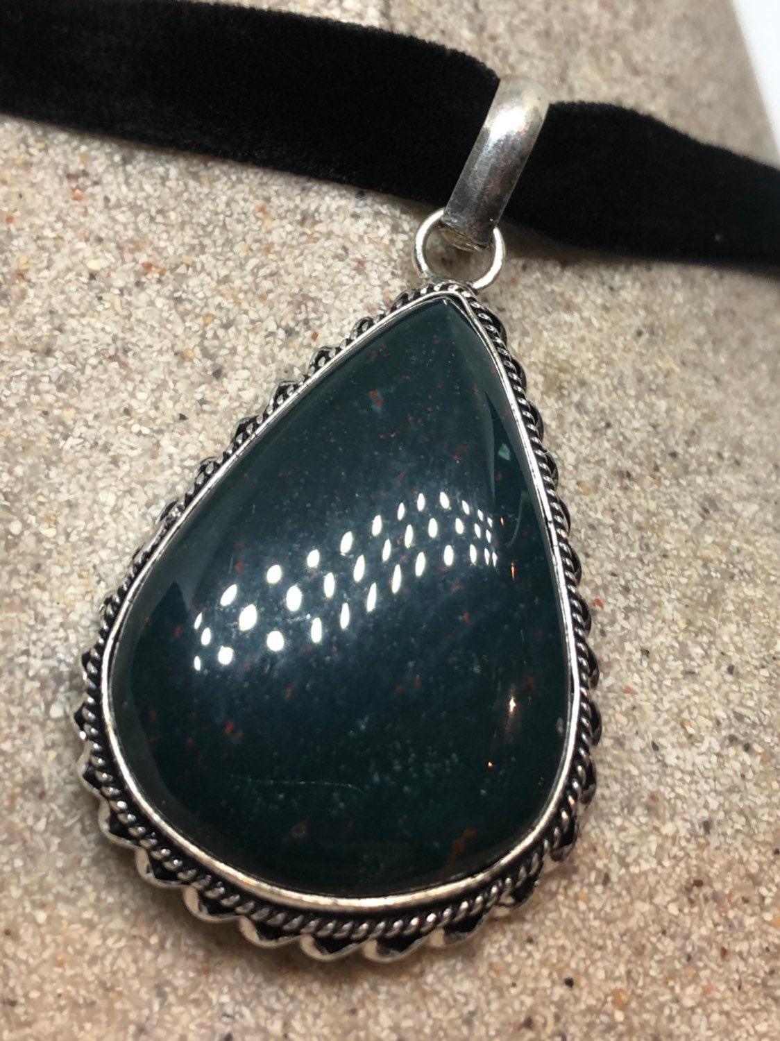Vintage Green Bloodstone Silver Boho Choker Necklace Black Velevet Ribbon