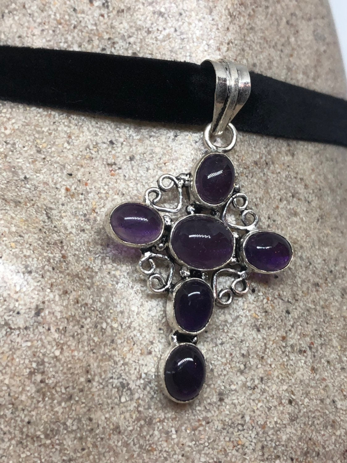 Bohemian Cabochon Cut Droplet Deep Purple Genuine Amethyst Necklace