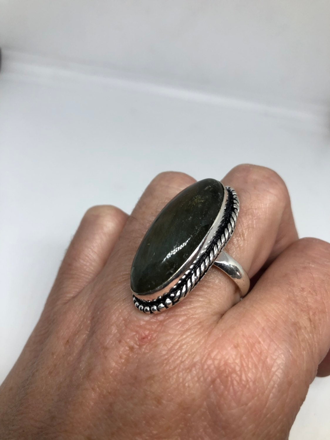 Vintage Large Blue Green Labradorite Stone Silver Ring