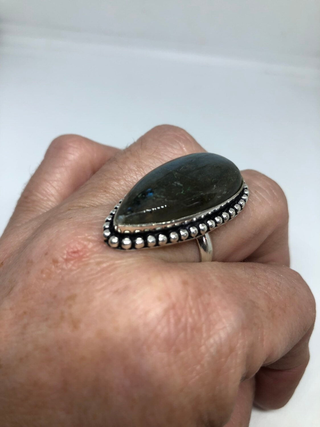 Vintage Large Blue Green Labradorite Stone Silver Ring