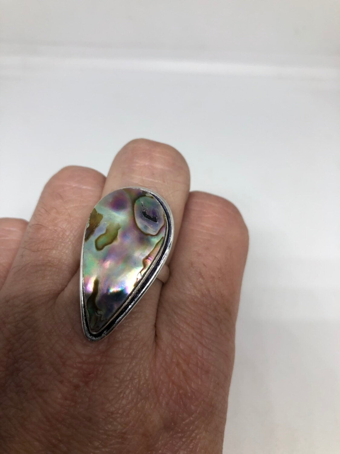 Antique Green Abalone Gothic Filigree Silver Ring