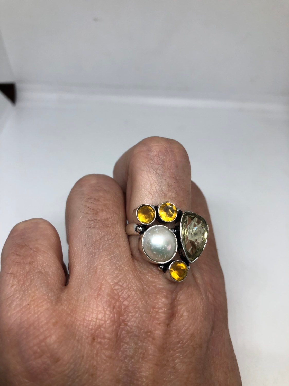 Antique White Genuine Pearl Citrine Filigree Silver Ring