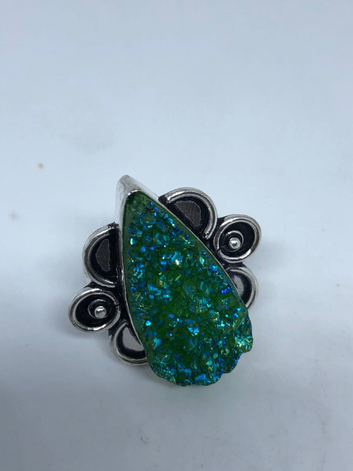 Vintage Handmade Genuine Green Mystic Chrome Diopside Druzy Filigree Setting Silver Ring