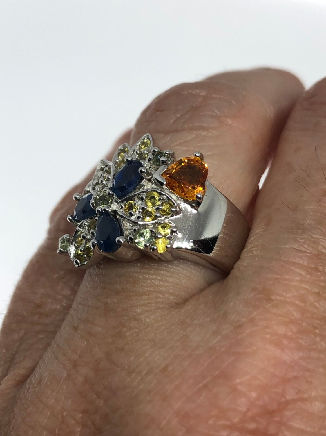 Vintage Handmade Deep Blue Sapphire Citrine Setting 925 Sterling Silver Gothic Ring