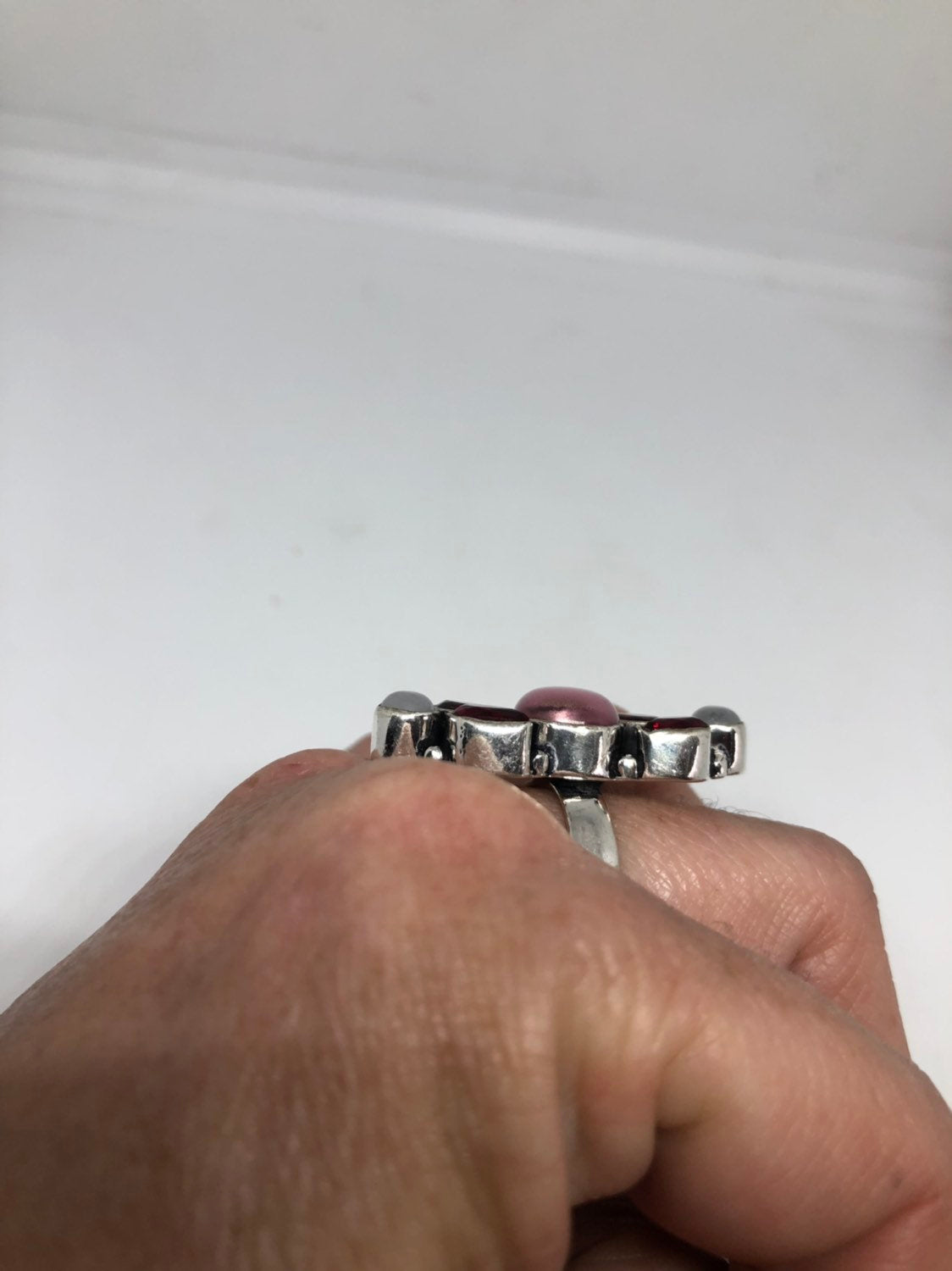 Vintage Blue White Rainbow Moonstone antique Glass Silver Ring