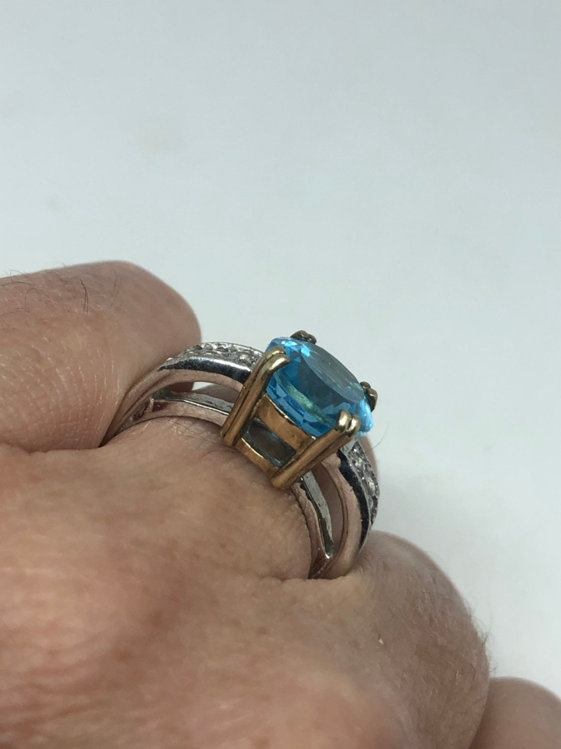 Vintage Genuine Blue Topaz 925 Sterling Silver Rhodium Ring