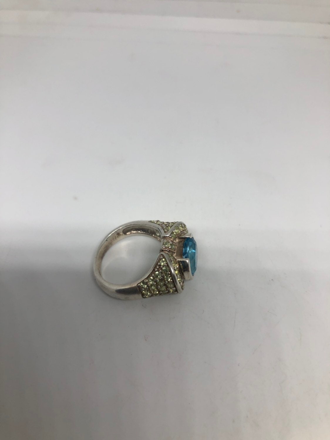 Vintage Genuine Blue Topaz 925 Sterling Silver Golden Rhodium Ring