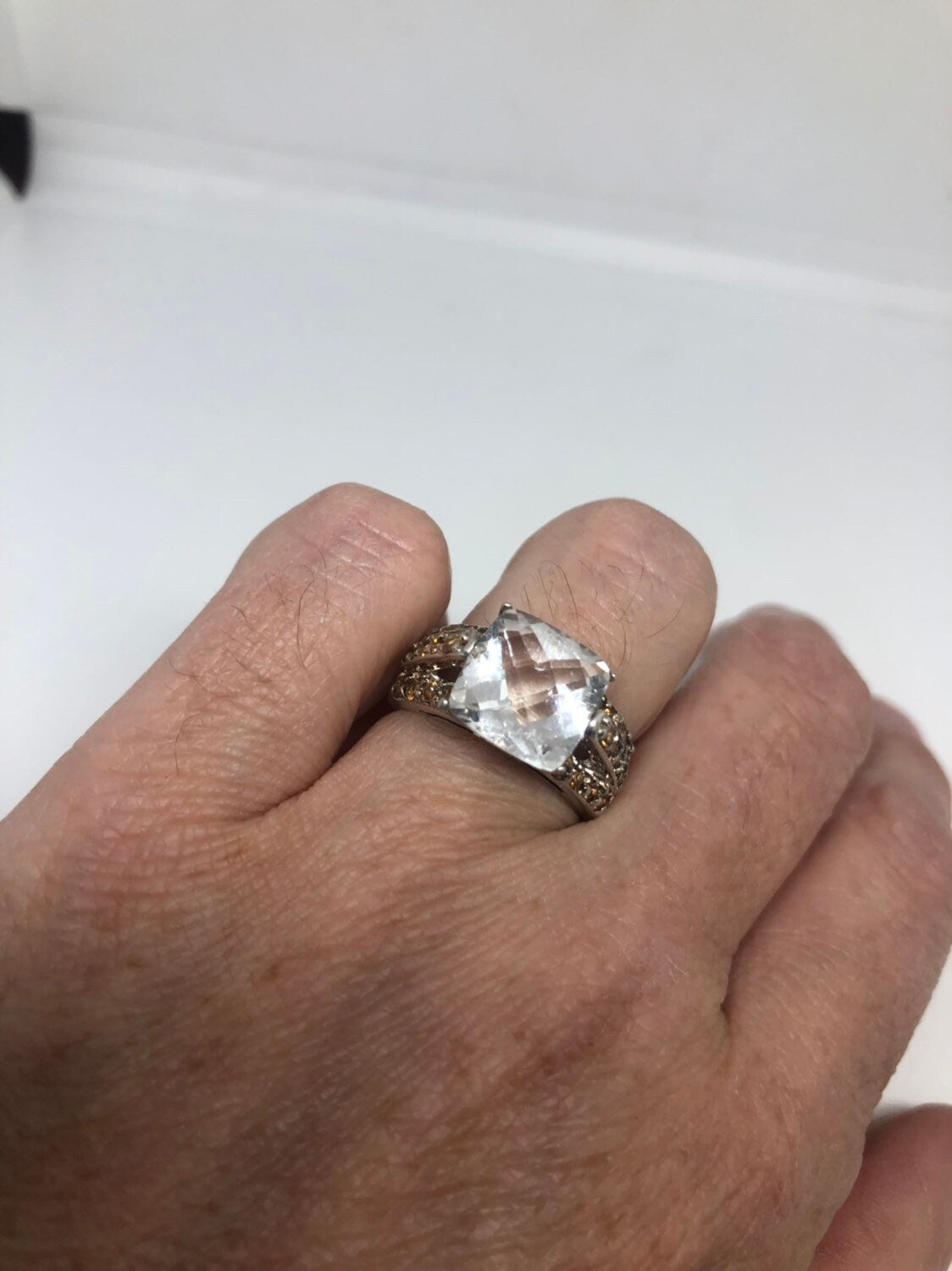 Vintage White Sapphire Crystal Citrine Sterling Silver Ring