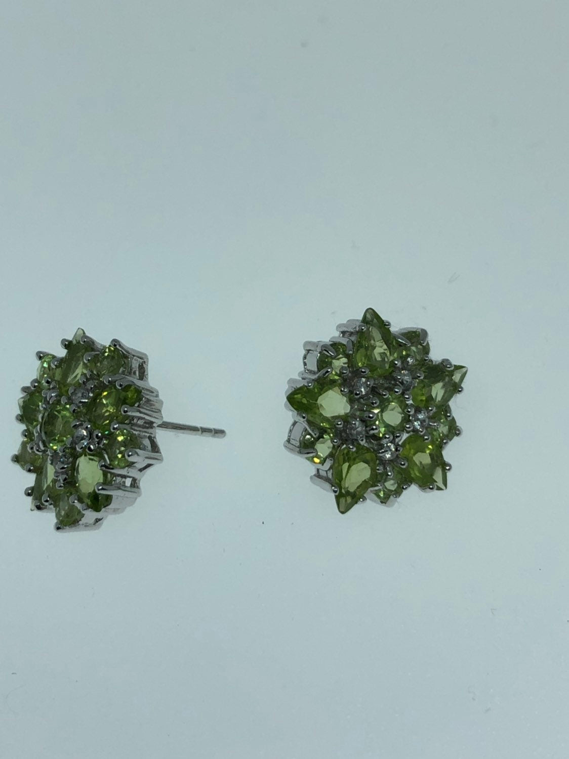 Vintage Handmade Sterling Silver Genuine Green Peridot and White Sapphire Earrings