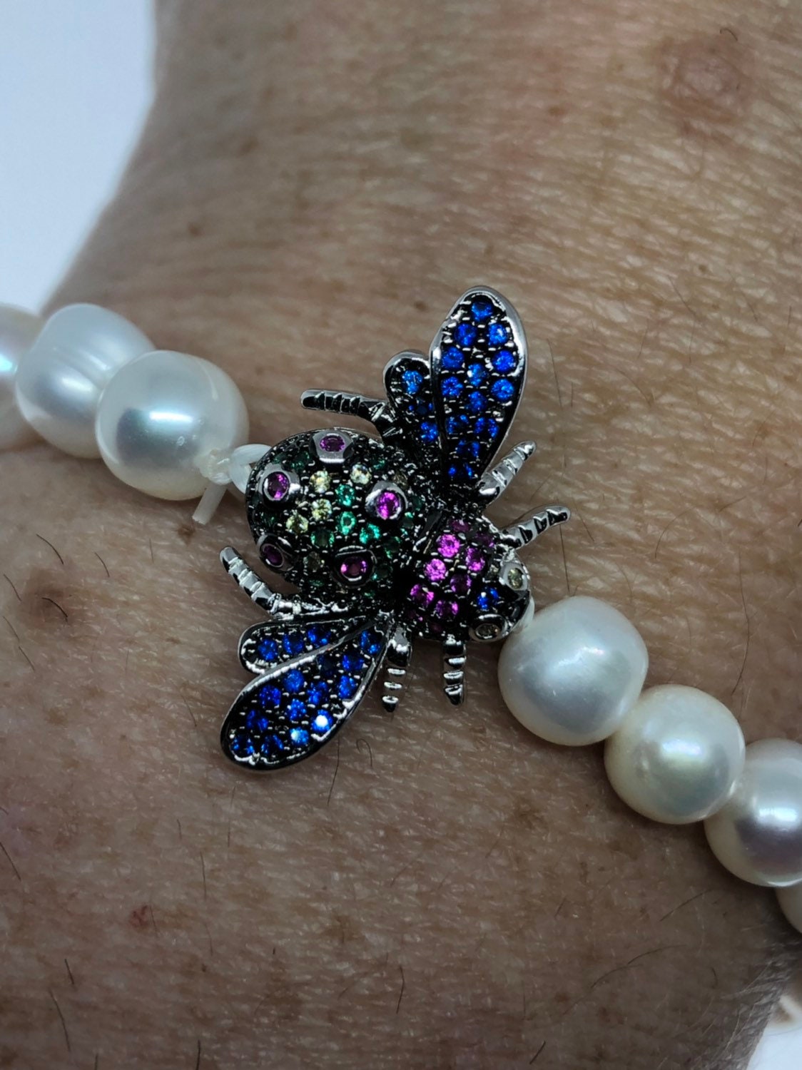 Vintage Pearl Stretch Bracelet | Crystal Bee Charm