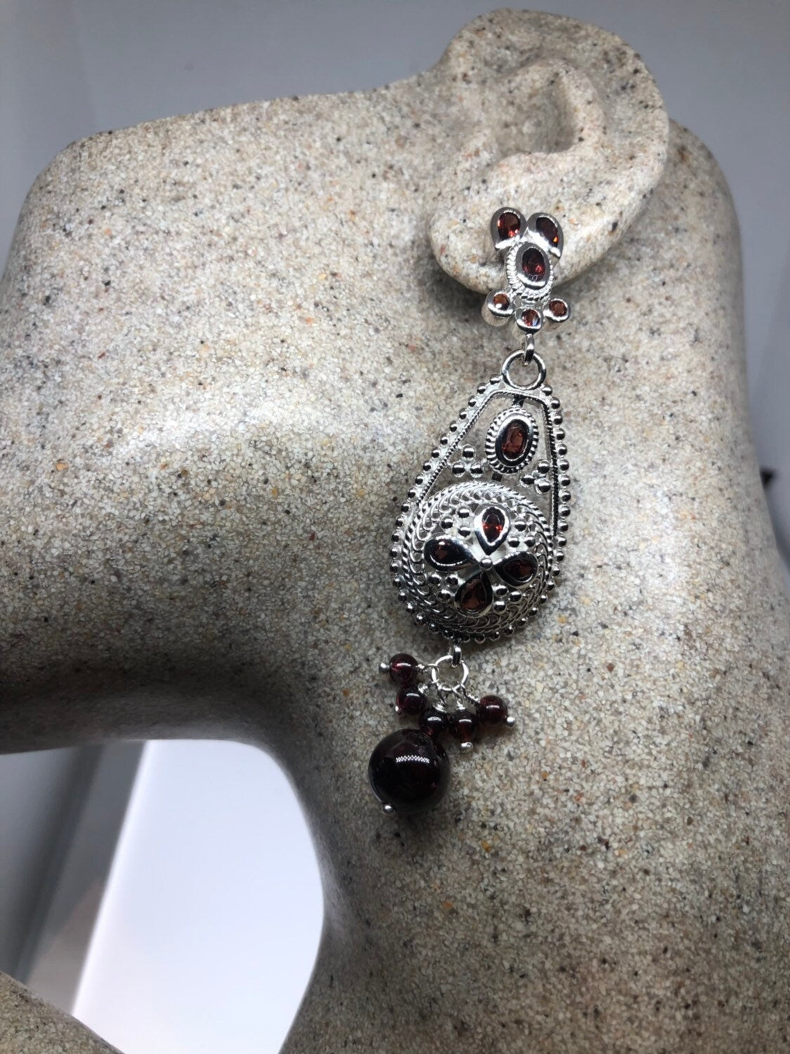 Vintage 925 Sterling Silver Bohemian Garnet Dangle Chandelier Earrings