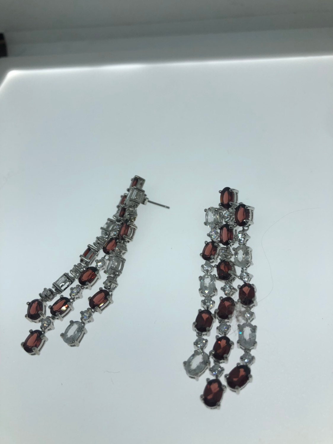 Vintage Red Garnet Earrings Cubic Zirconia 925 Sterling Silver Chandelier Dangle
