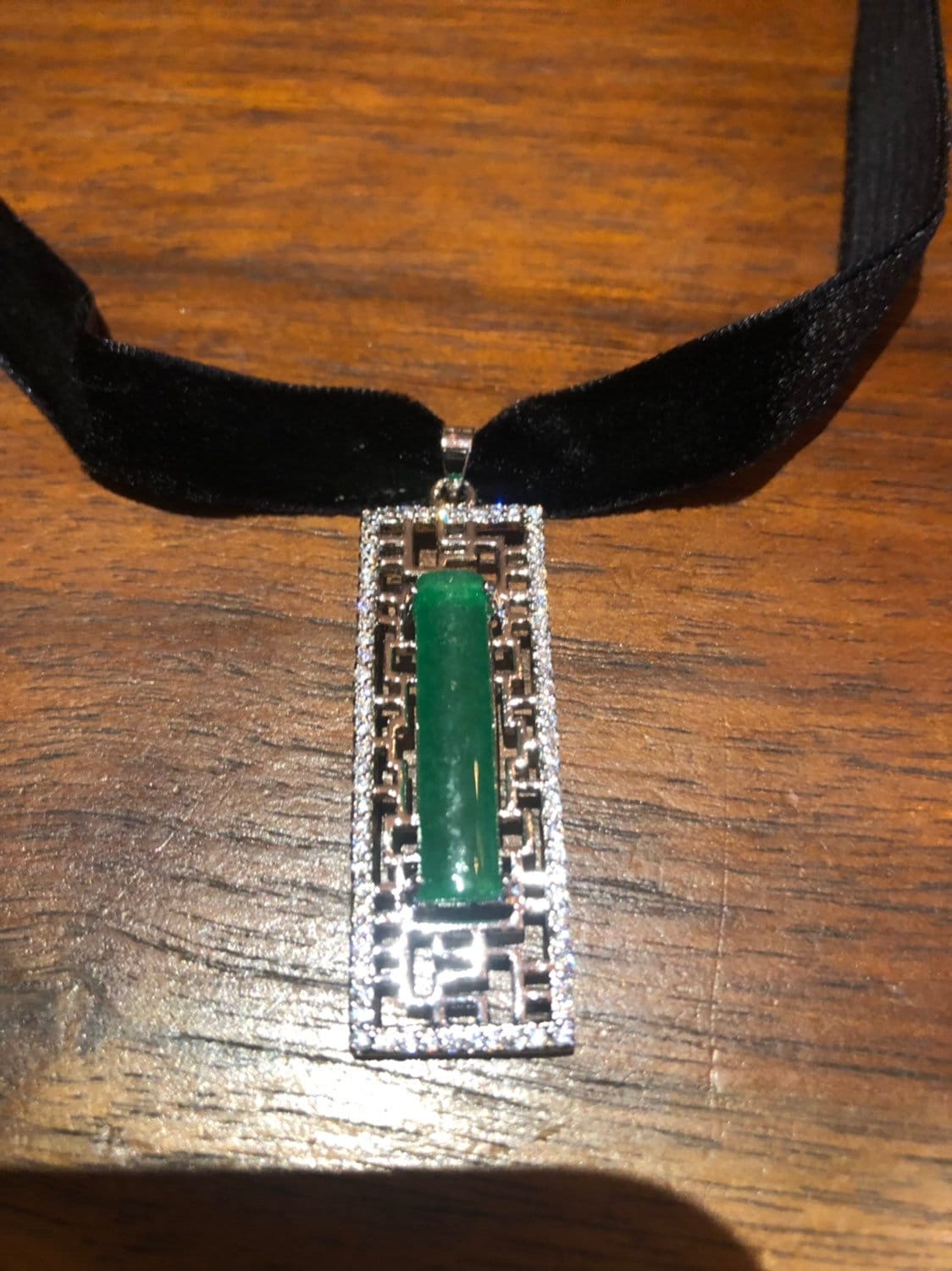 Vintage Green Jade Choker Silver Finish Necklace Pendant