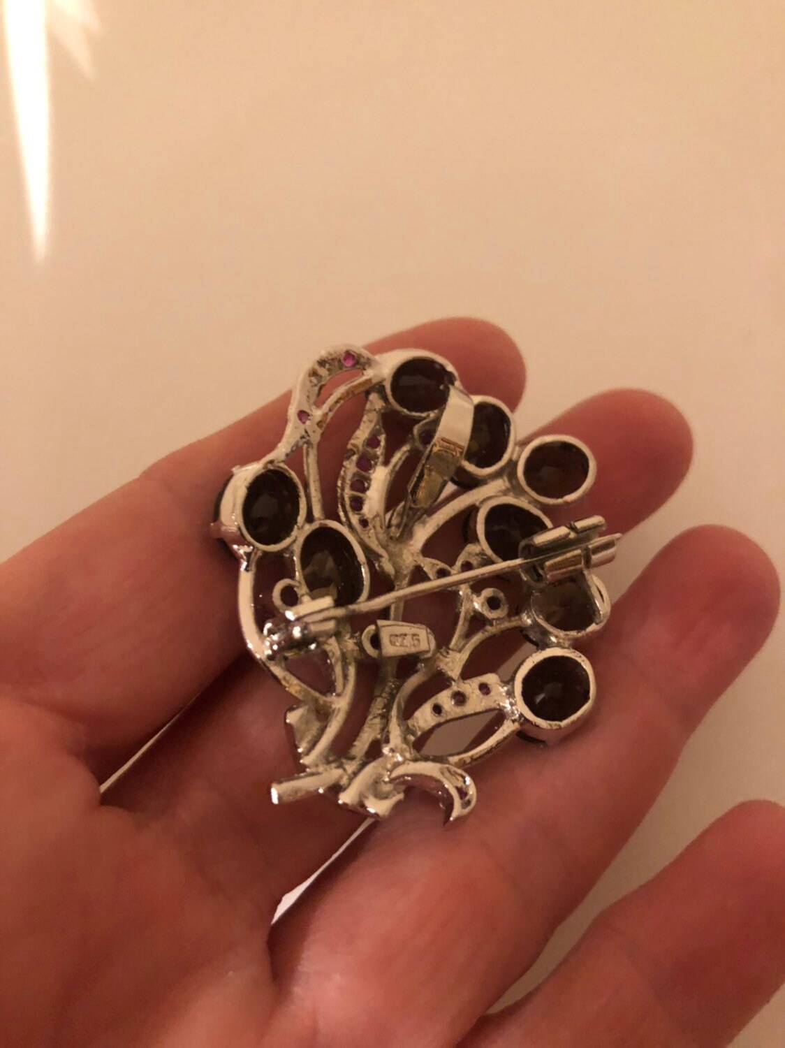 Vintage Handmade Smoky Topaz and Genuine Ruby 925 Sterling Silver Rhodium Brooch Necklace