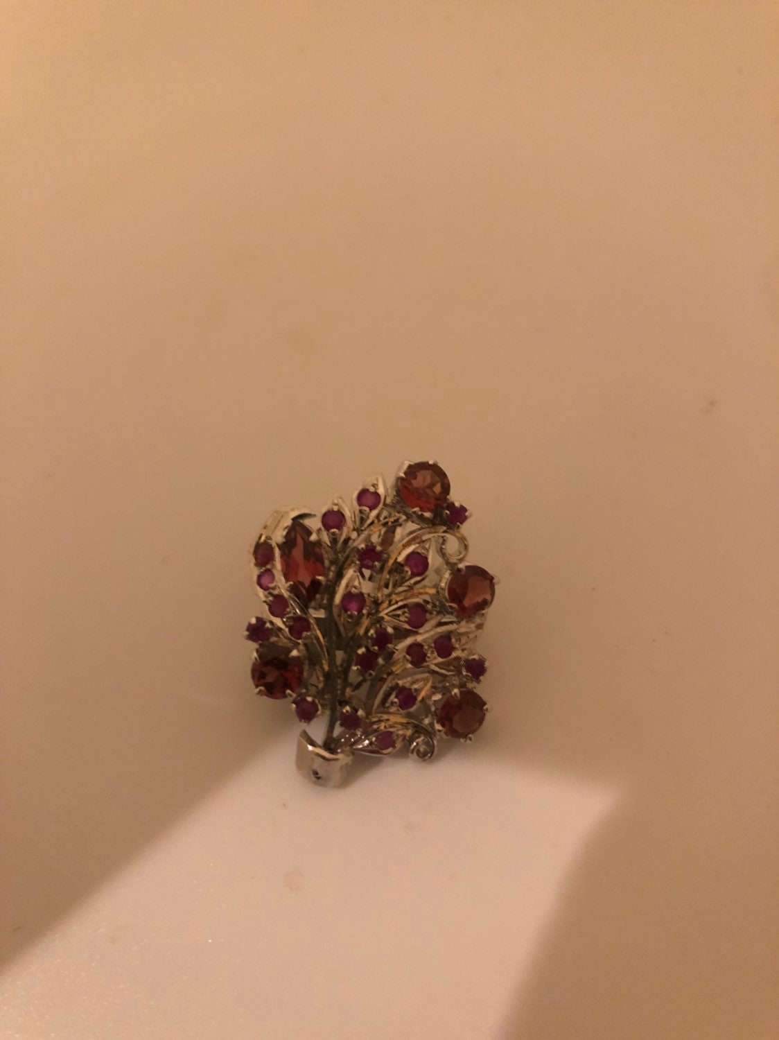 Vintage Handmade Genuine Rhodolite Garnet and Ruby 925 Sterling Silver Rhodium Brooch Pendant