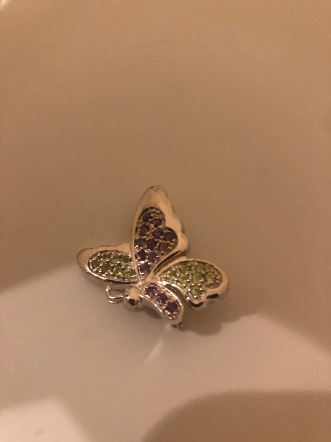 Vintage Handmade Peridot and Amethyst Sterling Silver Butterfly Brooch