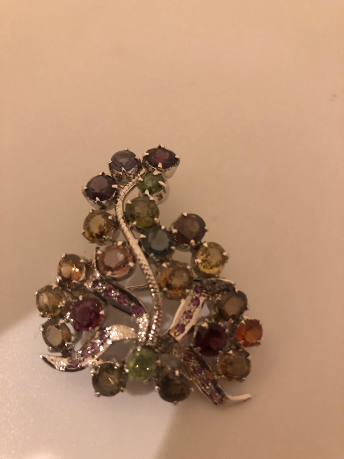 Vintage Handmade Genuine Mixed Tourmaline Gemstone 925 Sterling Silver Rhodium Brooch