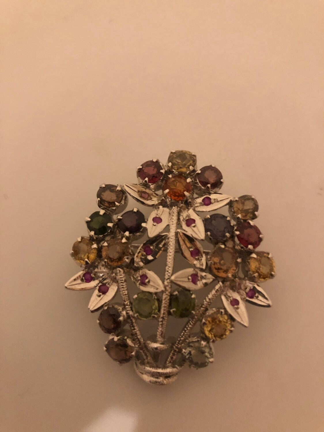 Vintage Handmade Genuine Mixed Tourmaline Gemstone 925 Sterling Silver Rhodium Brooch