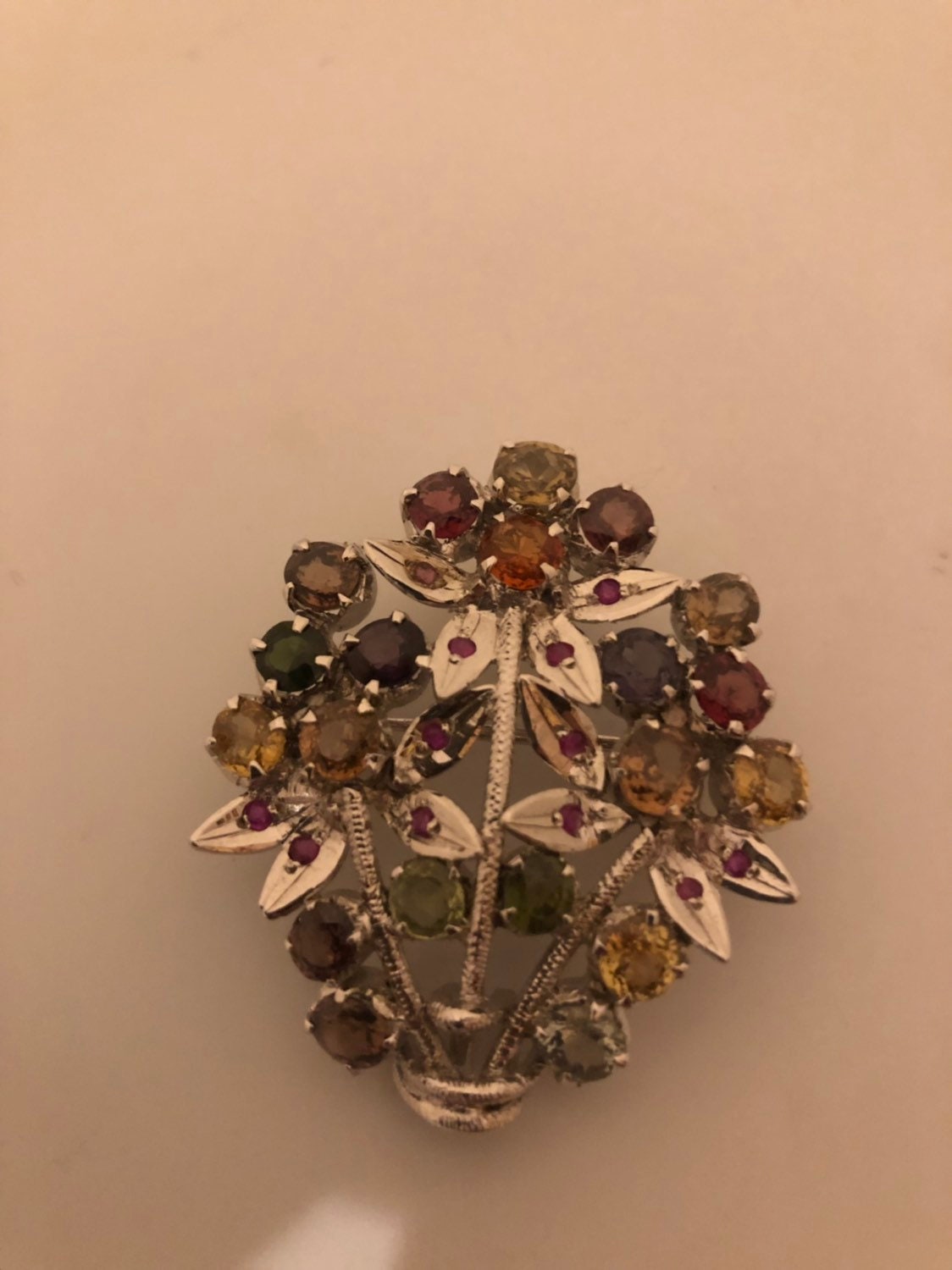 Vintage Handmade Genuine Mixed Tourmaline Gemstone 925 Sterling Silver Rhodium Brooch