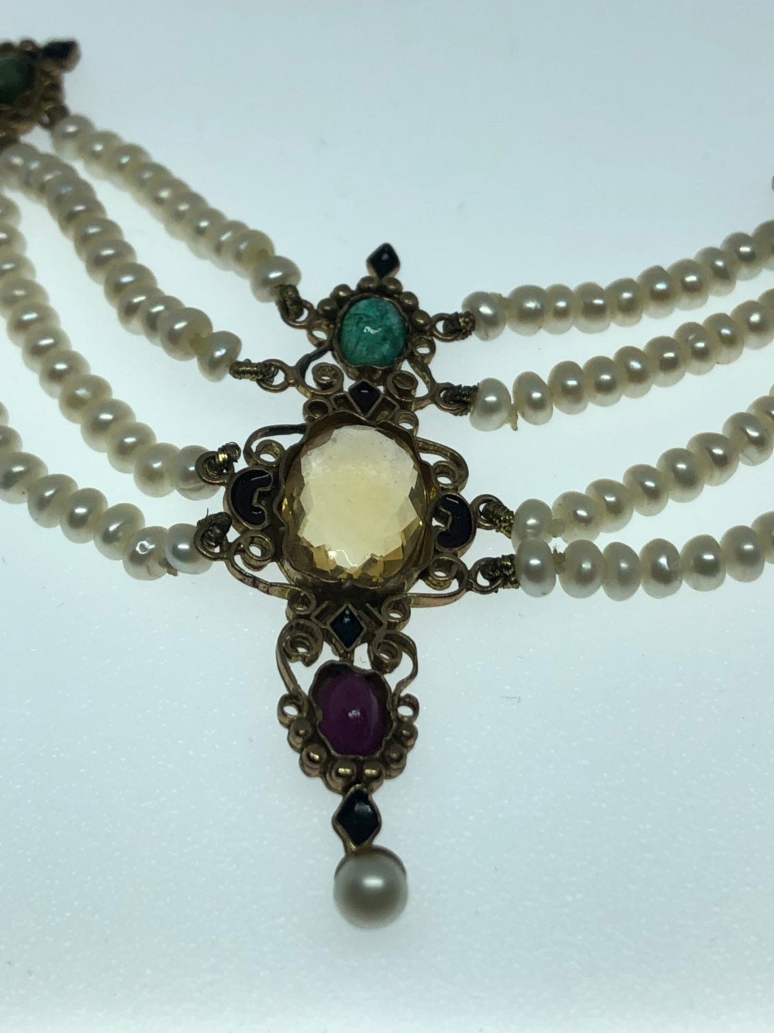 Vintage Pearl Gold Filled Citrine Ruby Emerald Choker Necklace