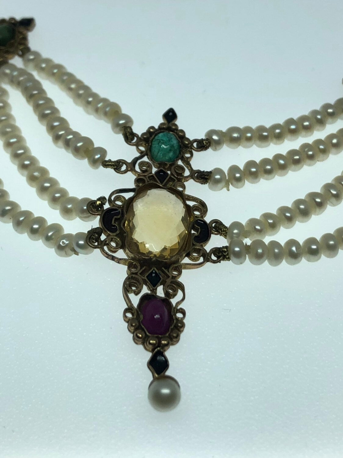 Vintage Pearl Gold Filled Citrine Ruby Emerald Choker Necklace
