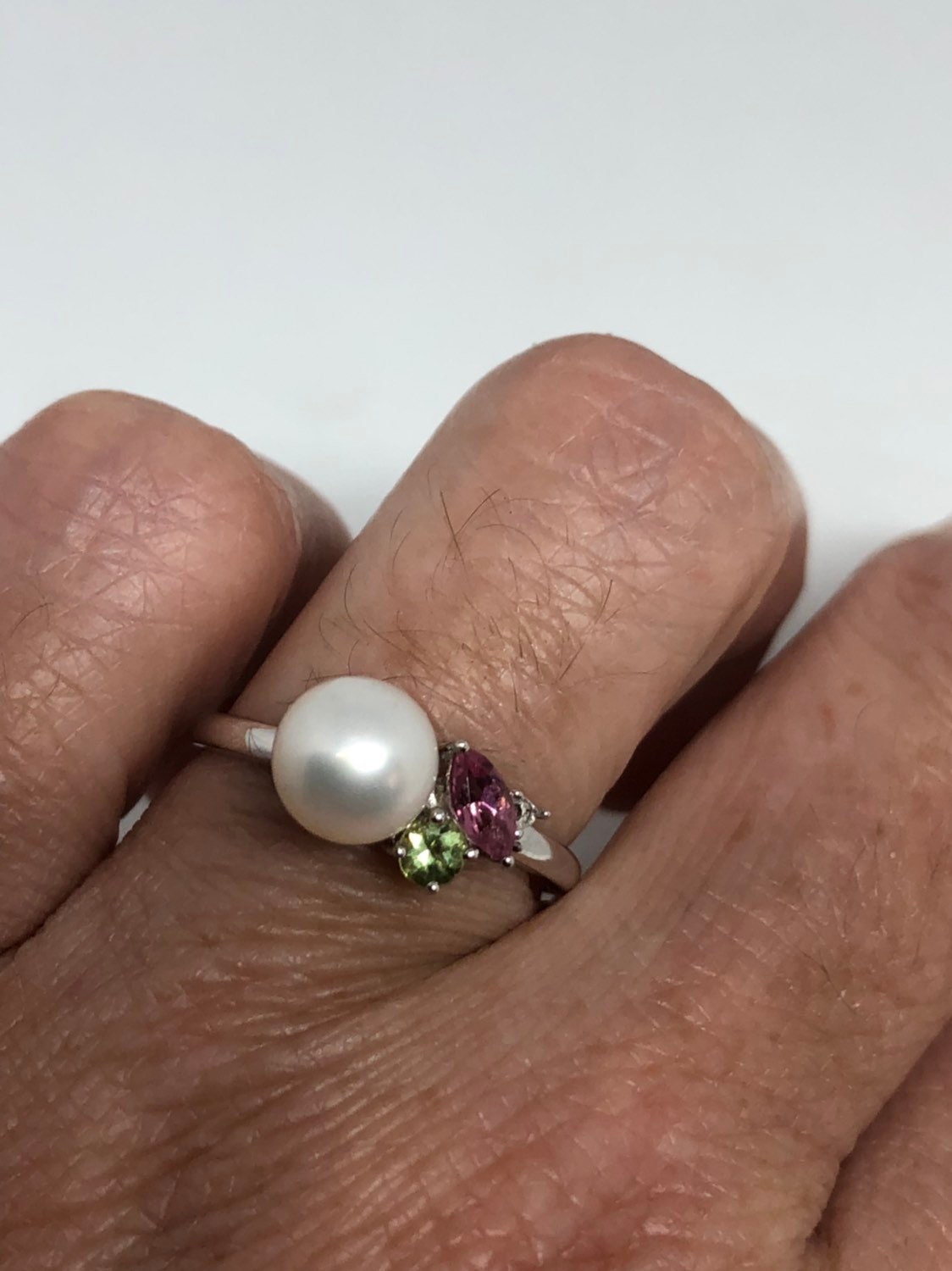 Vintage Handmade Genuine Watermelon and Cultured Pearl Tourmaline 925 Sterling Silver Ring