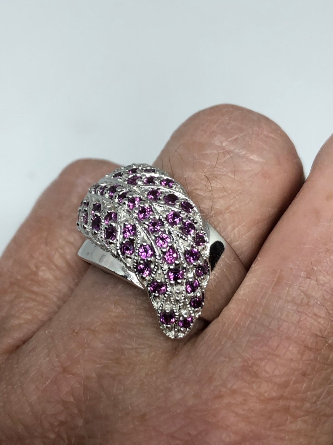 Vintage Handmade Pink Toumaline and White Sapphire 925 Sterling Silver Gothic Ring