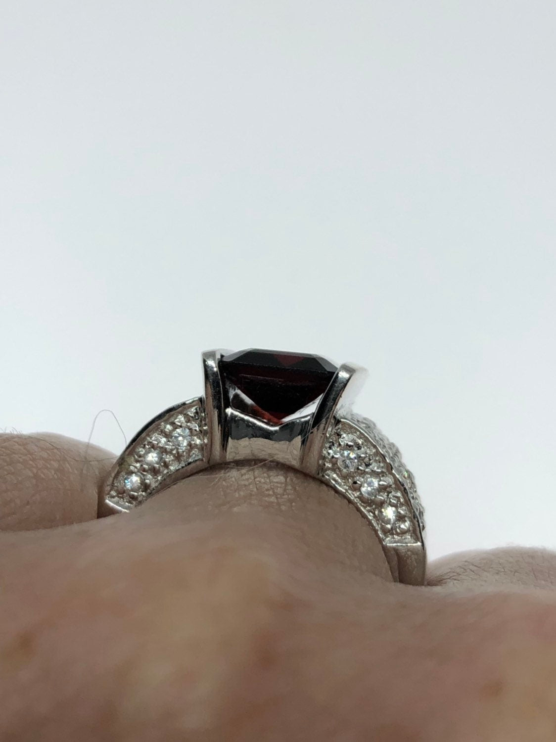 Vintage Bohemian Garnet Ring 925 Sterling Silver White Sapphire Cocktail Statement