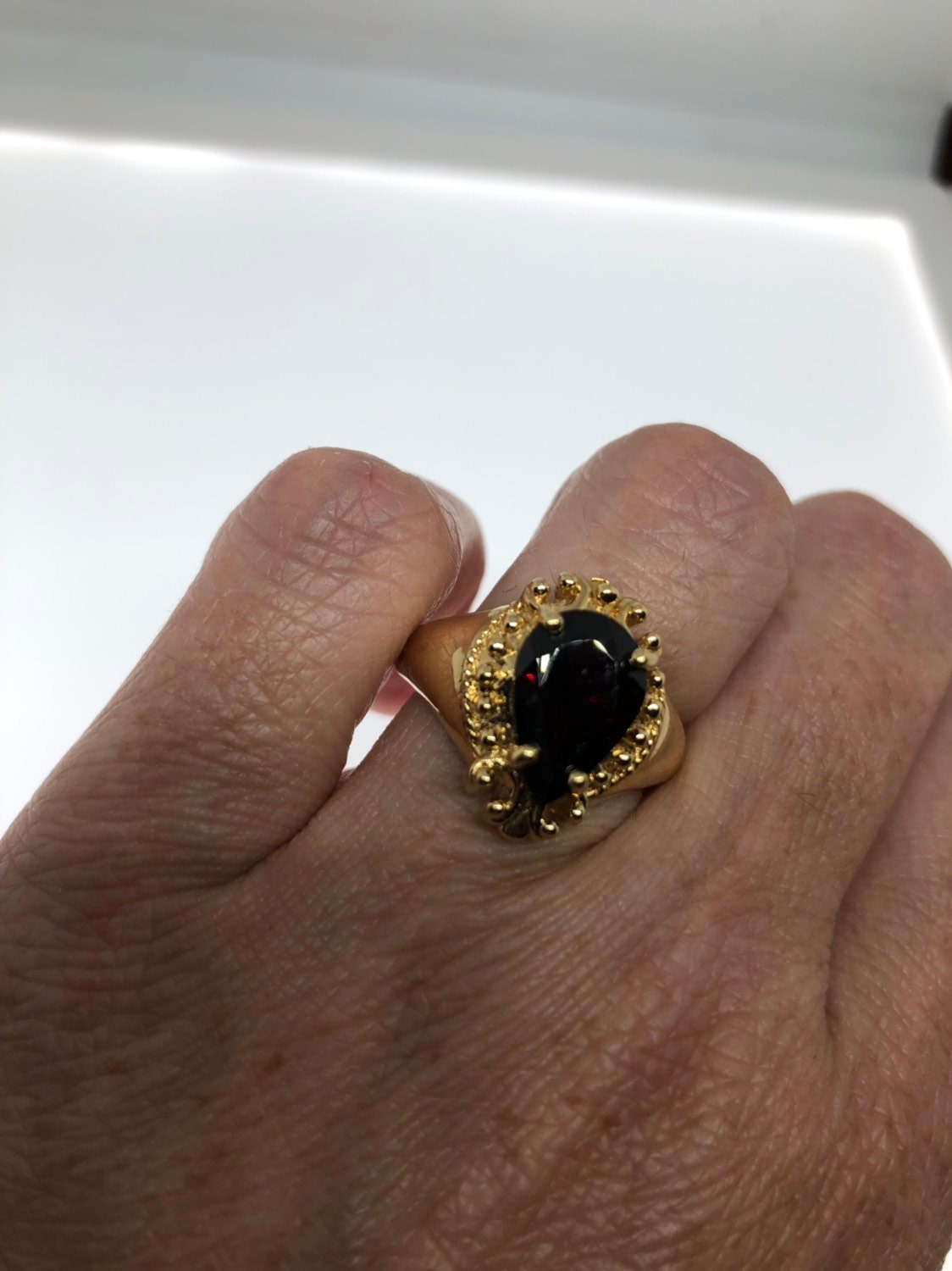 Vintage Bohemian Garnet Ring Gold Finished 925 Sterling Silver Cocktail Statement