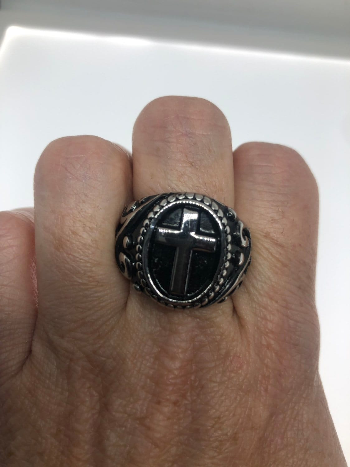 Vintage Gothic Cross Mens Ring Silver Stainless Steel