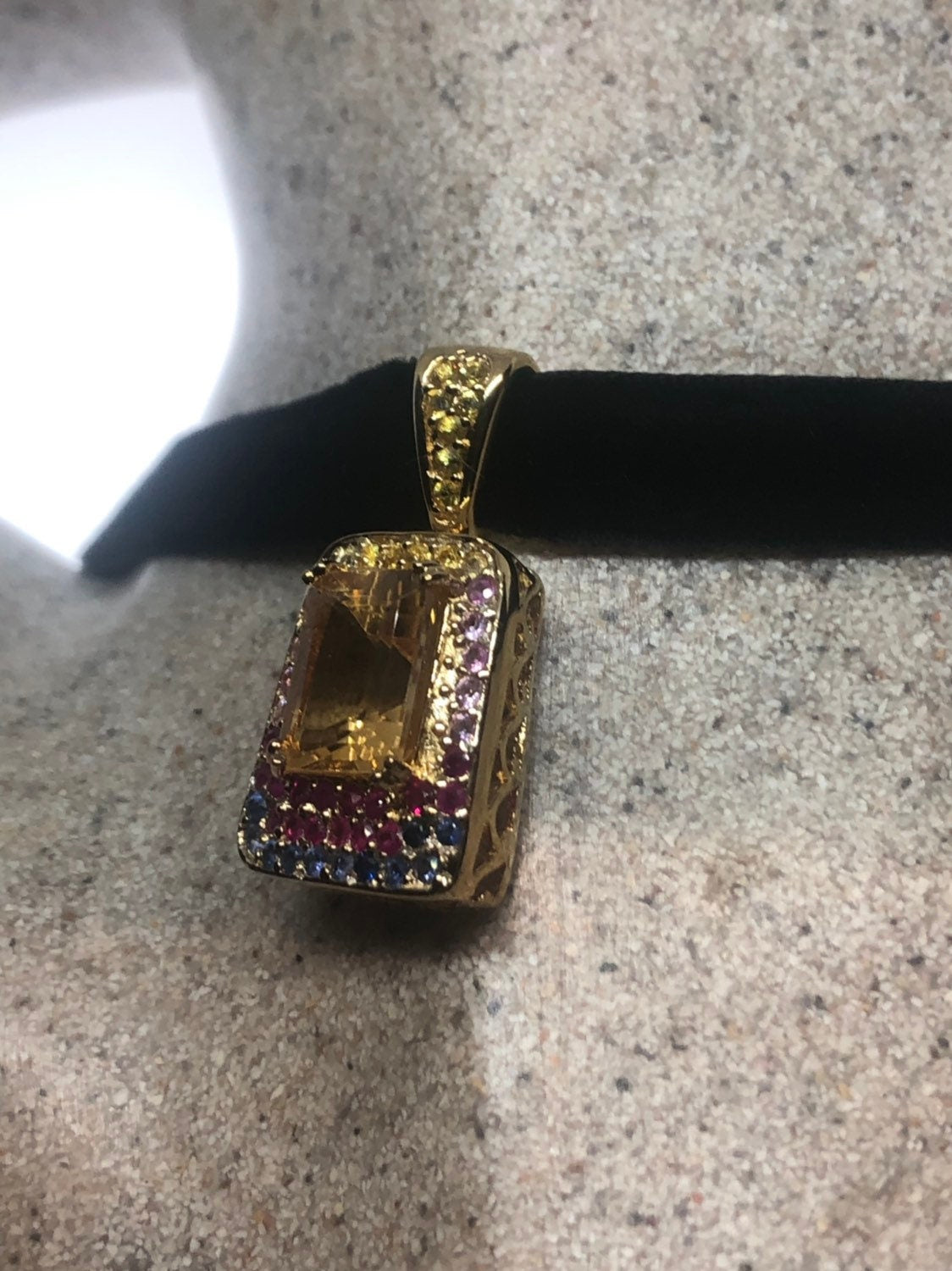 Vintage Handmade Sterling Silver Golden Citrine Pendant Necklace Velvet Choker