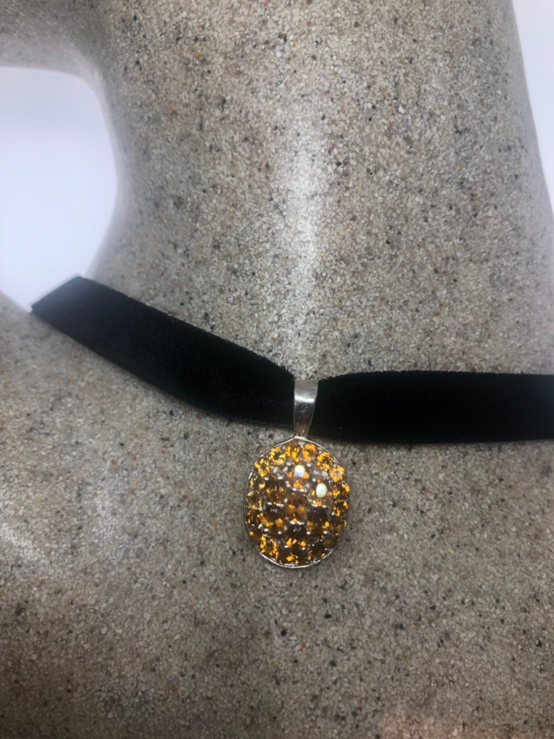 Vintage Golden Citrine Choker 925 Sterling Silver Pendant Necklace