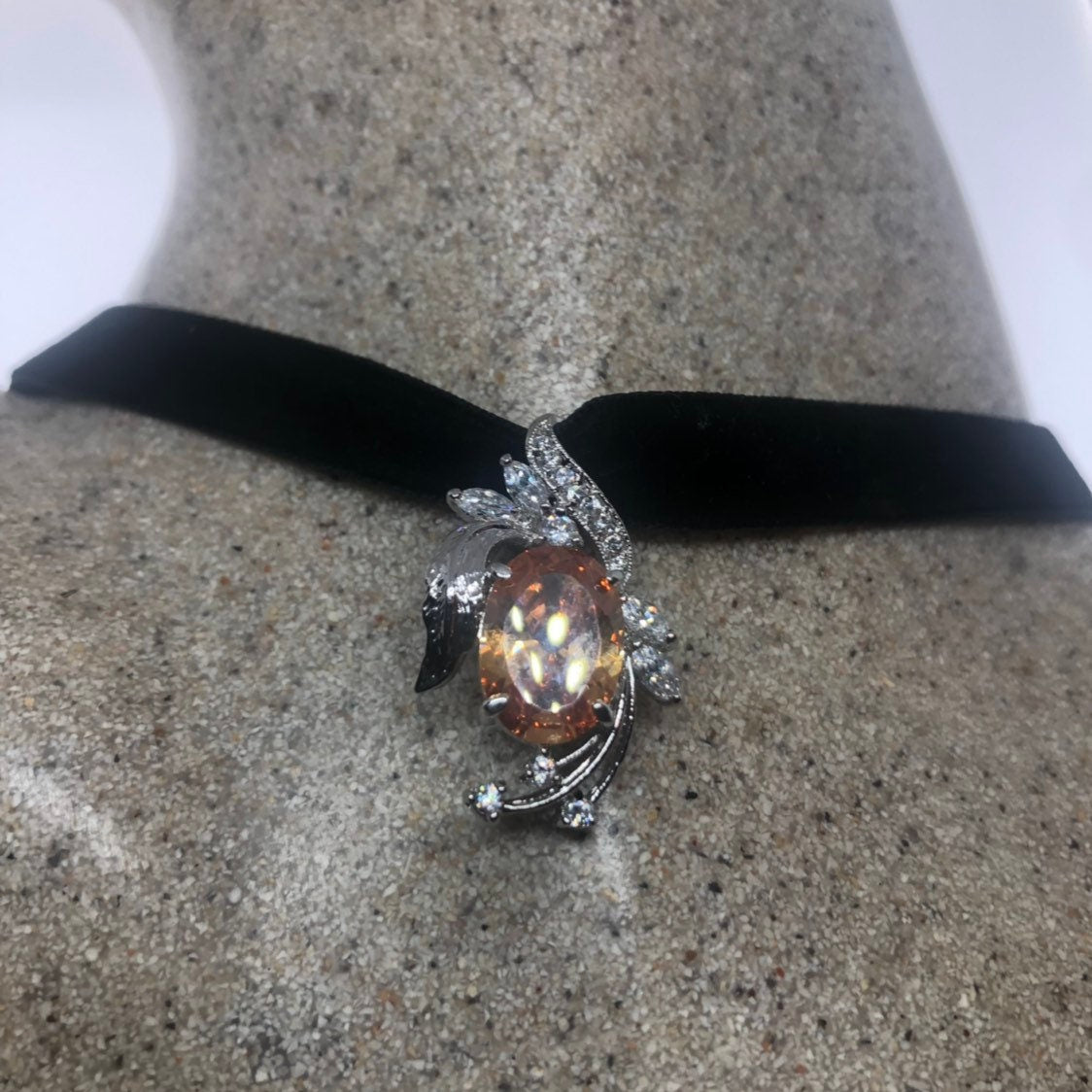 Vintage Golden CZ Citrine Choker Sterling Silver Pendant Necklace