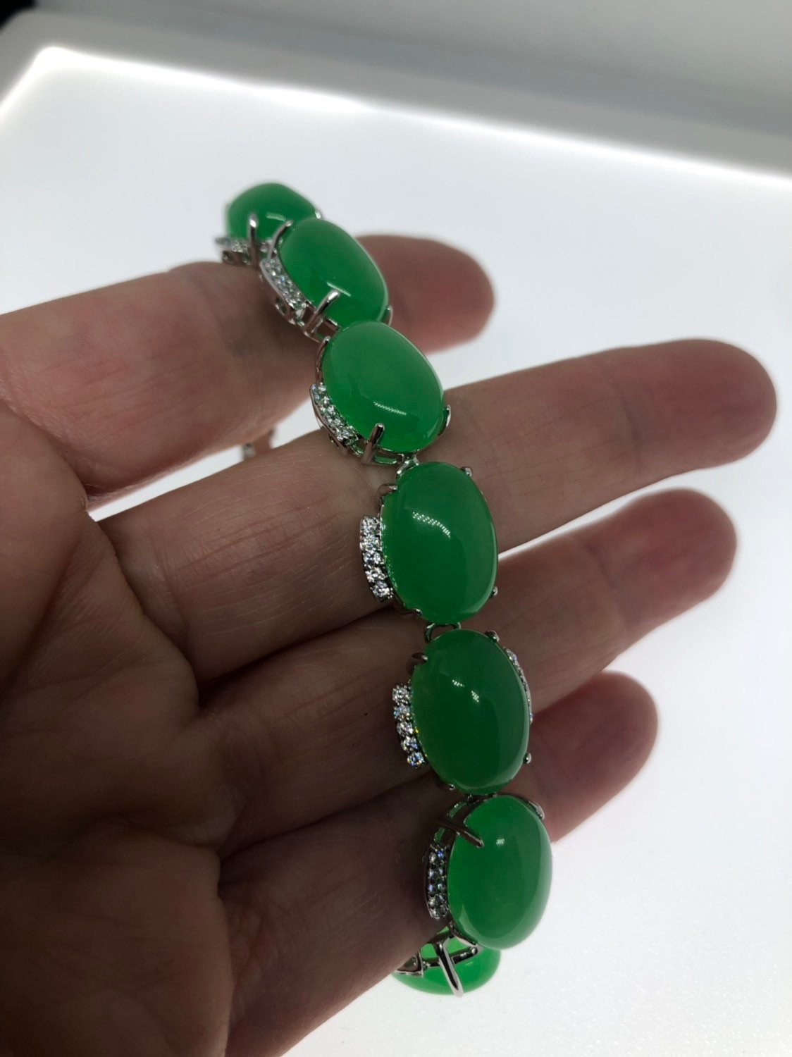 Vintage Green Jade Bracelet Silver White Bronze